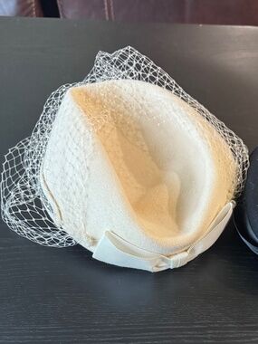 Vintage Fedoria Ivory Wool Felt Hat with Rhinestone Trim, Veil, & Grosgrain Bow
